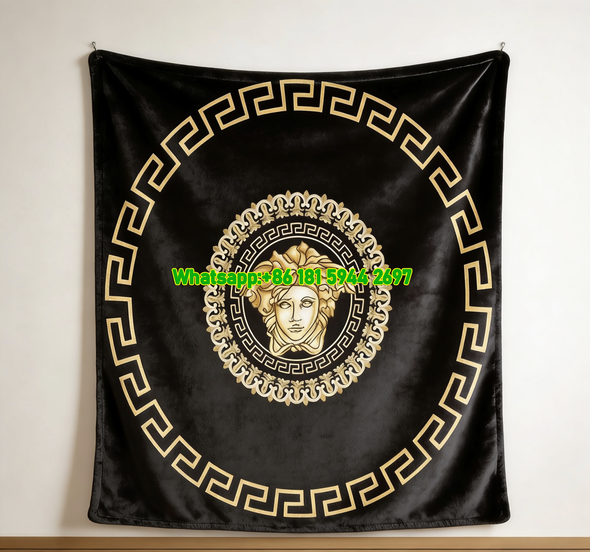 Versace Black Gold Medusa Greek Key Round Pattern Print Flannel Sofa Throw Blanket IMG_1305